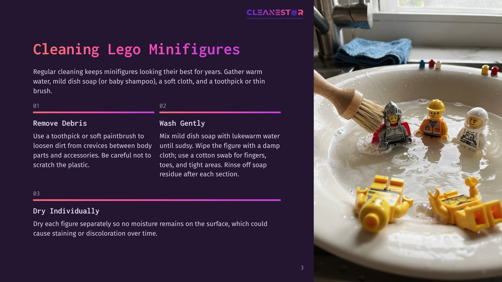 Three Lego Minifigures Are Being Cleaned In A White Sink Filled With Soapy Water, With A Wooden-Handled Brush Nearby. The Text &Quot;Cleanestor&Quot; Is Visible At The Top.