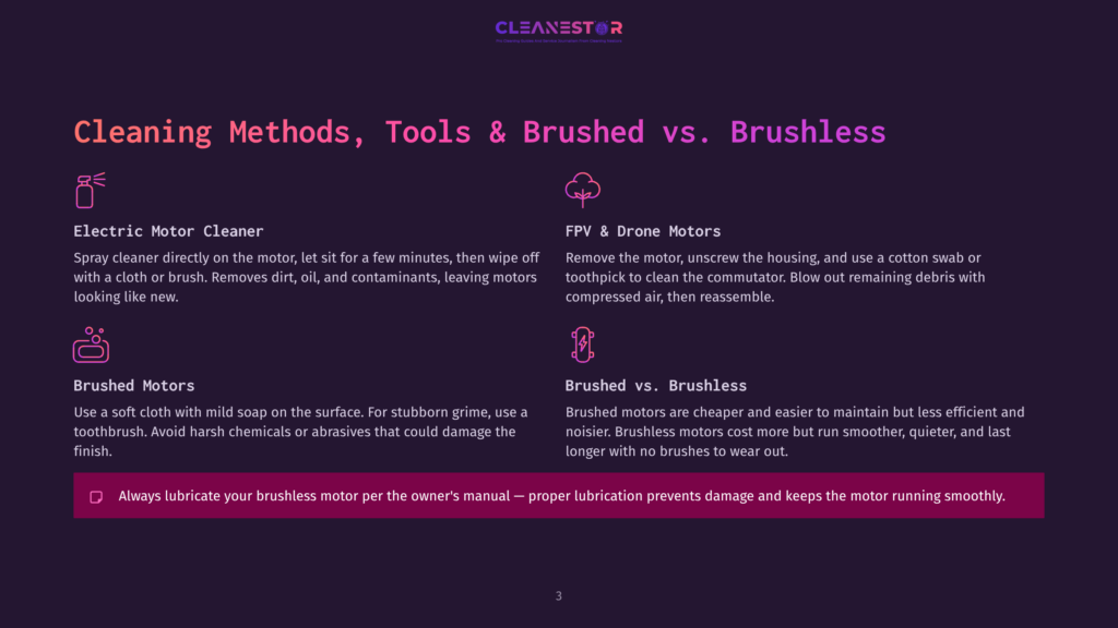 Cleanestor Graphic Detailing Cleaning Methods For Electric Motors And Fpv Drones, Distinguishing Between Brushed And Brushless Motors. Features Icons And Text Explaining Cleaning Steps.