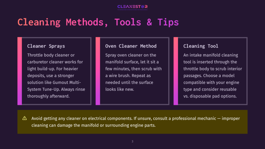 Infographic Outlining Cleaning Methods For Engines: Sprays, Oven Cleaner Method, And Cleaning Tool. Includes A Warning About Electrical Components.