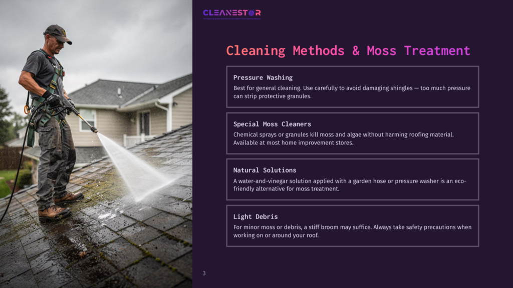 A Man In A Safety Harness Pressure Washes A Mossy Roof With A White Cleaning Spray, Demonstrating Roof Cleaning Methods And Moss Treatment.