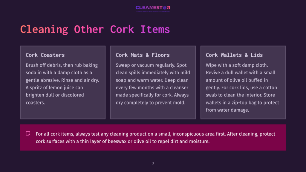 A Graphic Detailing How To Clean Cork Items, Including Cork Coasters, Mats, Floors, Wallets, And Lids, With Instructions On Gentle Cleaning And Polishing.