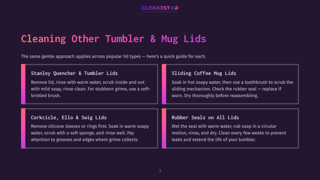 Dark Background With A Purple Gradient And Text About Cleaning Tumbler And Mug Lids, Featuring Sections For Stanley Quencher, Corkcicle, Sliding Coffee Mug Lids, And Rubber Seals.
