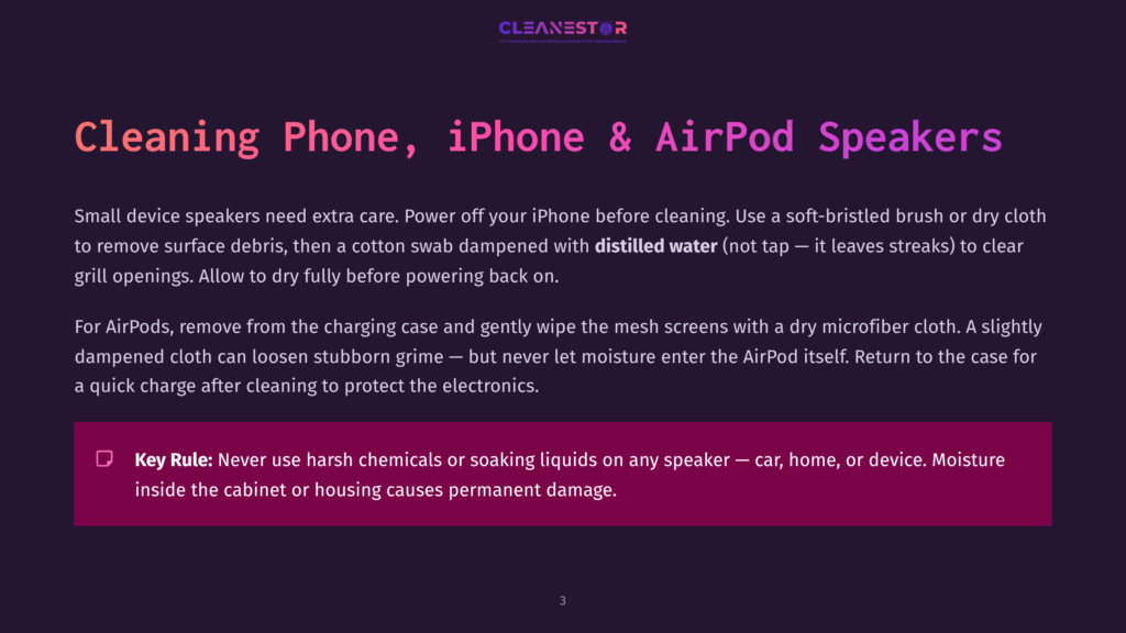 Text Overlay On A Dark Purple Background: &Quot;Cleanestor Pro Cleaning Service For Your Smart Devices: Iphone Cleaning, Speaker Cleaning&Quot;. Below This, The Title &Quot;Cleaning Phone, Iphone &Amp; Airpod Speakers&Quot; Is Displayed In Large, Bold, White And Pink Text. Instructions For Cleaning Speakers Are Provided.