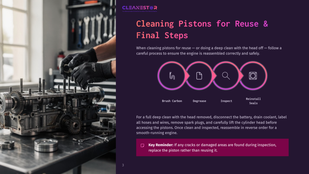 A Mechanic'S Hands Wearing Black Gloves Work On A Disassembled Engine Block, Cleaning Pistons. The Background Shows A Workshop With Tools And A Diagram Illustrating The Piston Cleaning Process: Brush Carbon, Degrease, Inspect, Reinstall Seals.