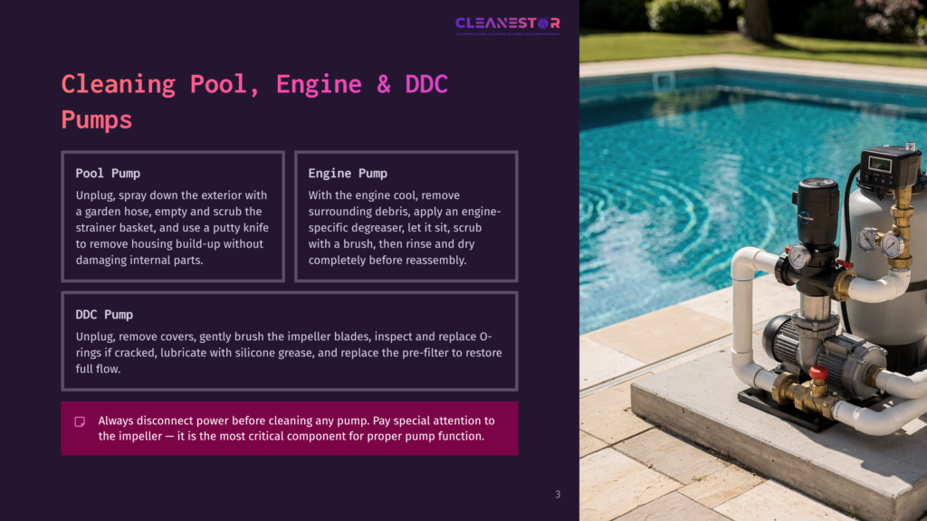 Pool Pump Cleaning Instructions From Cleanestor.com, Featuring A Pool Pump And Filter System Next To A Swimming Pool.