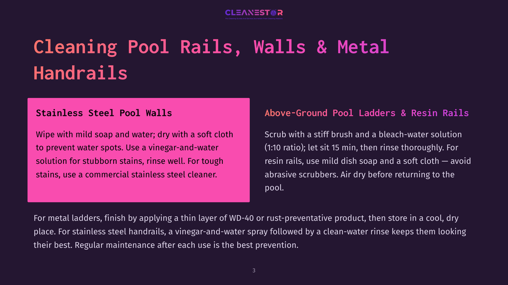 Text On A Dark Purple Background: &Quot;Cleaning Pool Rails, Walls &Amp; Metal Handrails&Quot; And &Quot;Stainless Steel Pool Walls&Quot; With Cleaning Instructions. Next To It, &Quot;Above-Ground Pool Ladders &Amp; Resin Rails&Quot; With Cleaning Instructions. The Bottom Of The Page Has Text About Cleaning Metal Ladders And Pool Rails.