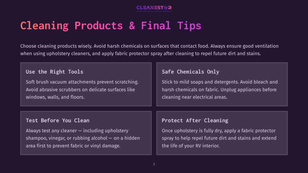 A Dark Purple Slide Titled &Quot;Cleaning Products &Amp; Final Tips&Quot; With The Cleanestor Logo At The Top. The Slide Features Four Sections With Tips On Cleaning.