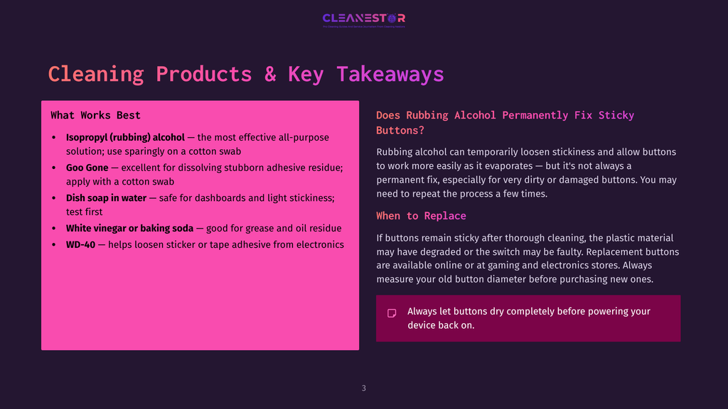3 Cleaning Products And Key Takeaways A Graphic Displaying Cleaning Product Tips, With &Quot;Cleaning Products &Amp; Key Takeaways&Quot; As The Title. Left Side Lists &Quot;What Works Best&Quot; With Bullet Points For Isopropyl Alcohol, Goo Gone, Dish Soap, White Vinegar, And Wd-40. Right Side Discusses &Quot;Rubbing Alcohol Permanently Fix Sticky Buttons?&Quot; And Offers Advice On When To Replace Them.