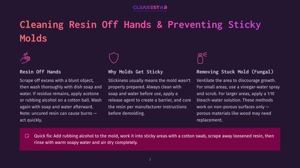 3 Cleaning Resin Off Hands And Preventing Sticky Molds Diagram With Three Icons Illustrating How To Clean Resin Off Hands And Prevent Sticky Molds: 1. A Hand With Dripping Liquid. 2. A Shield With Mold Inside. 3. A Spray Bottle With Mold. Text Provides Instructions For Each Step.