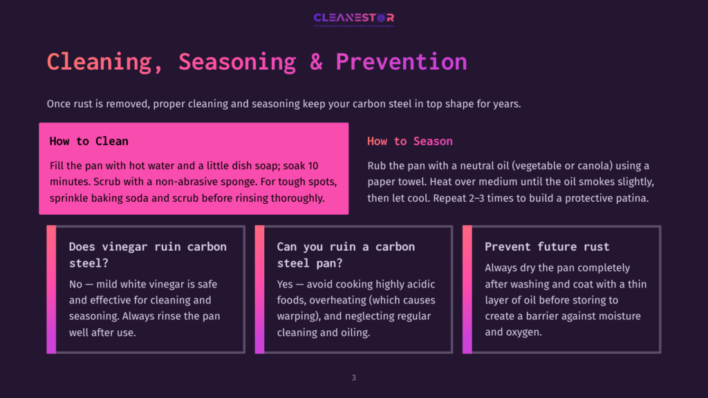 The Image Displays A Dark Purple Background With Three Distinct Sections Detailing How To Clean, Season, And Prevent Rust On Carbon Steel Pans. The Text &Quot;Cleaning, Seasoning &Amp; Prevention&Quot; Is Prominently Displayed At The Top.