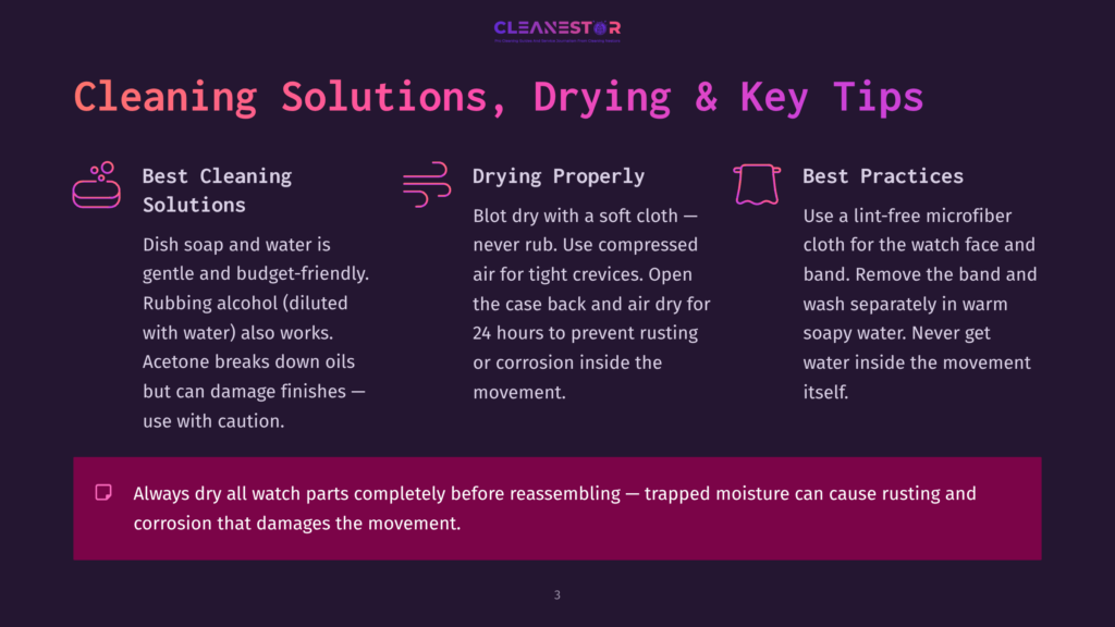 Infographic Detailing Watch Cleaning Solutions, Drying, And Key Tips. Features Icons For Best Cleaning Solutions, Drying Properly, And Best Practices, With Text Explaining Dish Soap, Rubbing Alcohol, And Lint-Free Cloths.