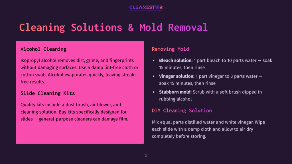 Graphic With Text &Quot;Cleaning Solutions &Amp; Mold Removal&Quot; And Sections On &Quot;Alcohol Cleaning&Quot; And &Quot;Removing Mold&Quot; With Instructions And Cleaning Kit Information.