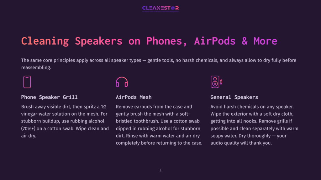 Illustration Detailing How To Clean Speakers On Phones, Airpods, And General Speakers, With Icons And Text Instructions.