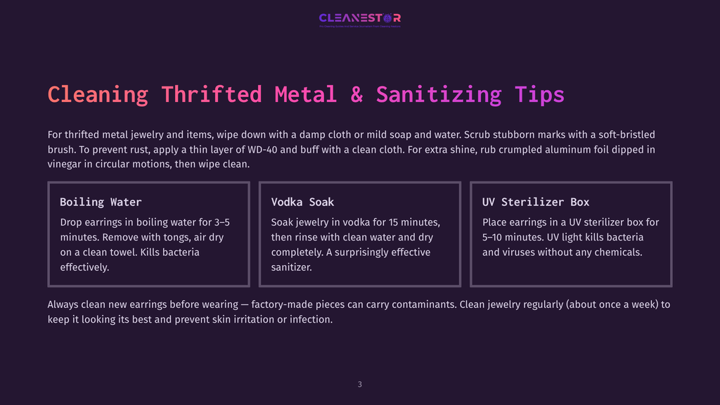 Infographic Titled &Quot;Cleaning Thrifty Metal &Amp; Sanitizing Tips&Quot; With Three Sections: &Quot;Boiling Water,&Quot; &Quot;Vodka Soak,&Quot; And &Quot;Uv Sterilizer Box,&Quot; Offering Advice On Cleaning Jewelry.