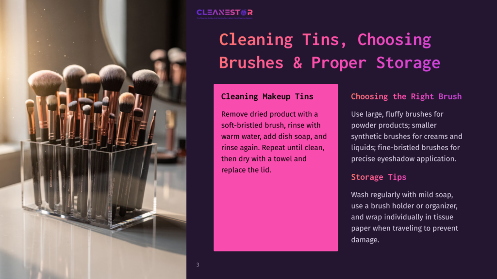 A Collection Of Makeup Brushes In A Clear Acrylic Holder, With Text Overlay Detailing Cleaning And Storage Tips For Makeup Brushes.