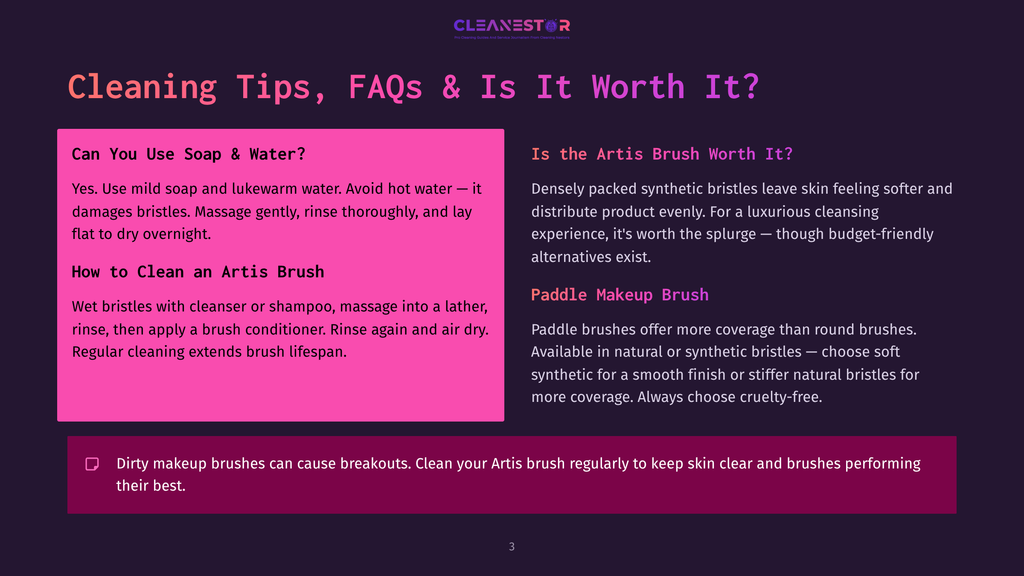 Cleaning Tips For Artis Brushes: How To Clean, Can You Use Soap And Water, And Paddle Makeup Brush Information. Text Includes &Quot;Cleaning Tips, Faqs &Amp; Is It Worth It?&Quot; And &Quot;Dirty Makeup Brushes Can Cause Breakouts. Clean Your Artis Brush Regularly To Keep Skin Clear And Brushes Performing Their Best.