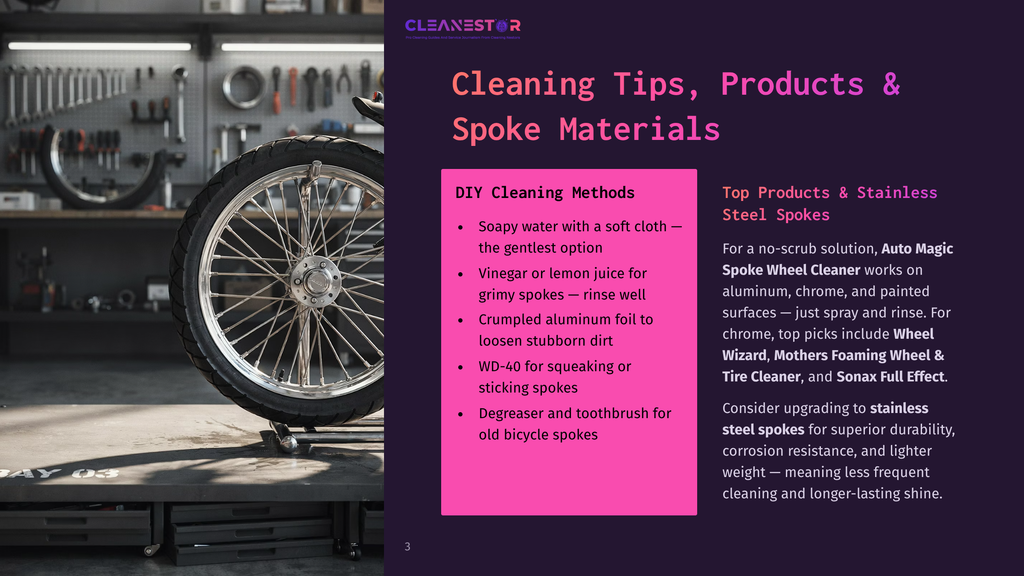 3 Cleaning Tips Products And Spoke Materials Close-Up Of A Clean, Shiny Bicycle Wheel With Chrome Spokes, Resting On A Wooden Platform In A Workshop. Text Overlay Reads &Quot;Cleanestor Cleaning Tips, Products &Amp; Spoke Materials&Quot;.