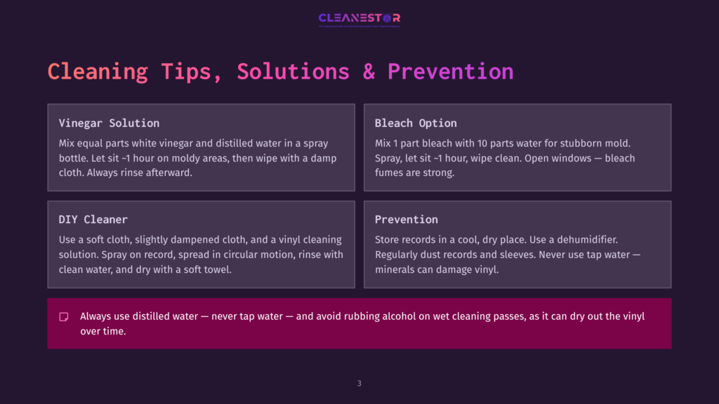Cleaning Tips For Vinyl Records: Vinegar Solution For Mold, Bleach Option For Stubborn Mold, Diy Cleaner With Soft Cloth, And Prevention Tips For Dust And Humidity. Always Use Distilled Water.