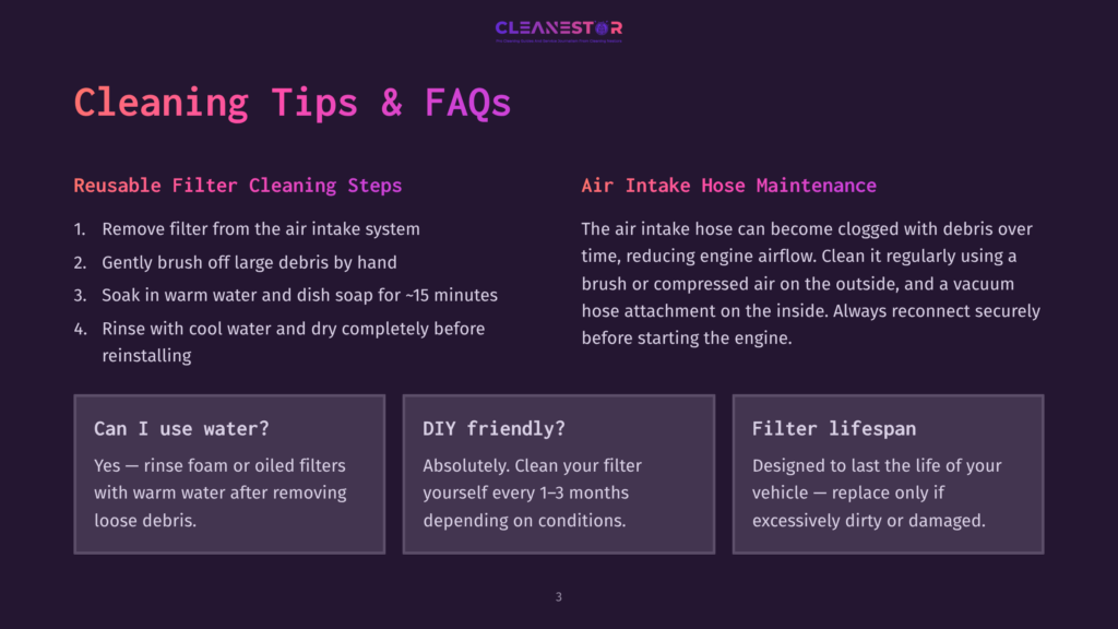 A Dark Purple Graphic With The Title &Quot;Cleaning Tips &Amp; Faqs&Quot; And Sections On &Quot;Reusable Filter Cleaning Steps,&Quot; &Quot;Air Intake Hose Maintenance,&Quot; &Quot;Can I Use Water?&Quot;, &Quot;Diy Friendly?&Quot;, And &Quot;Filter Lifespan.
