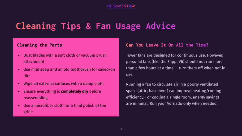 3 Cleaning Tips And Fan Usage Advice Cleaning Tips &Amp; Fan Usage Advice Slide With Text About Cleaning Fan Parts And Fan Usage, Including &Quot;Cleaning The Parts&Quot; And &Quot;Can You Leave It On All The Time?&Quot;.