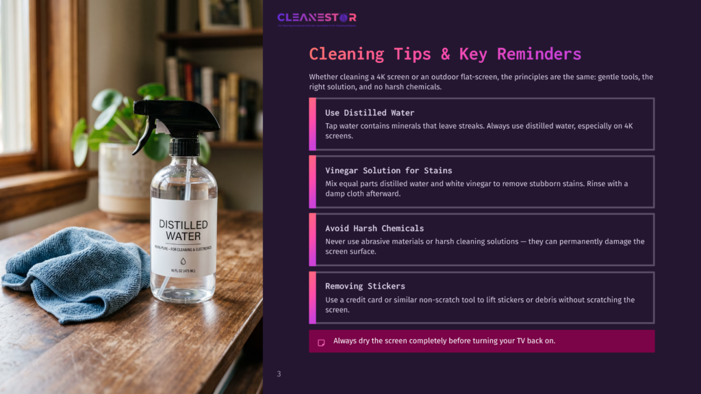 A Spray Bottle Labeled &Quot;Distilled Water&Quot; Sits On A Wooden Table Next To A Blue Microfiber Cloth, With A Lush Green Plant In The Background. The Image Illustrates Cleaning Tips For 4K Screens.