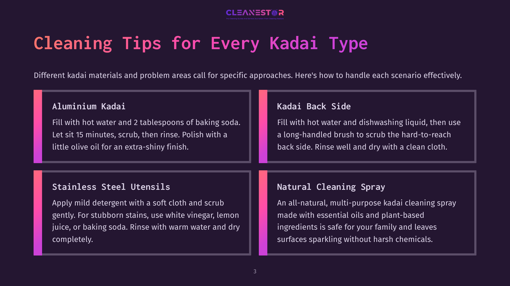 Infographic With Tips For Cleaning Kadai: Aluminium Kadai Cleaning With Baking Soda, Kadai Back Side Cleaning With Dishwashing Liquid, Stainless Steel Utensils Cleaning With Detergent And White Vinegar, And Natural Cleaning Spray Recipe With Essential Oils.