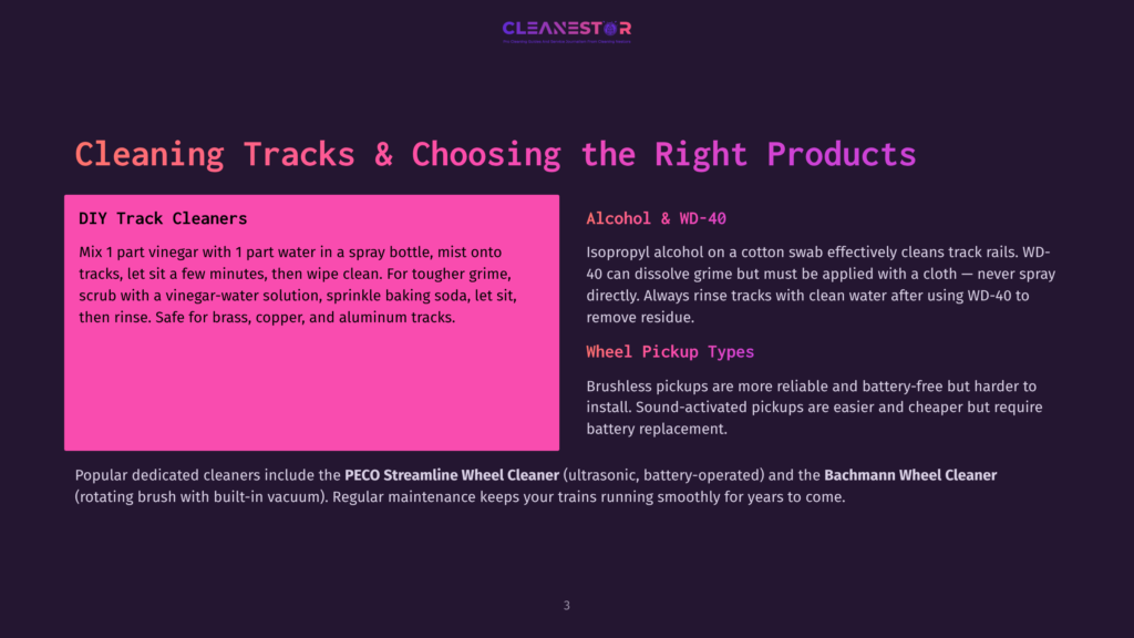A Dark Purple Background Features The Text &Quot;Cleanestor&Quot; In Large White Letters With A Smaller Tagline Below. The Main Content Is Divided Into Two Columns: The Left, A Pink Rectangle With &Quot;Diy Track Cleaners&Quot; And Instructions, And The Right, Dark Text Detailing &Quot;Alcohol &Amp; Wd-40&Quot; And &Quot;Wheel Pickup Types&Quot; For Cleaning Products.