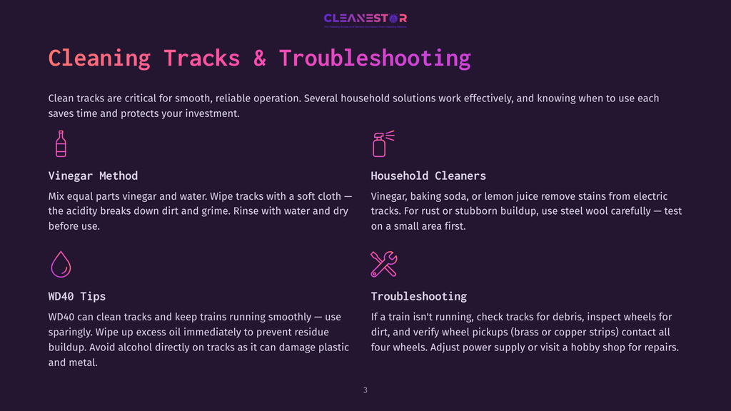 3 Cleaning Tracks And Troubleshooting Infographic Titled &Quot;Cleaning Tracks &Amp; Troubleshooting&Quot; With Icons And Text Detailing Cleaning Methods For Trains, Including Vinegar And Water, Household Cleaners, And Wd40 Tips For Smooth Operation.