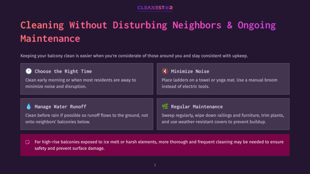 Infographic Titled &Quot;Cleaning Without Disturbing Neighbors &Amp; Ongoing Maintenance&Quot; With Four Tips: Choose The Right Time, Minimize Noise, Manage Water Runoff, And Regular Maintenance. A Cautionary Note About High-Rise Balconies Is Also Present.