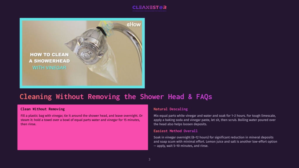 3 Cleaning Without Removing The Shower Head And Faqs A Shower Head Is Filled With Vinegar In A Clear Plastic Bag, With The Text &Quot;How To Clean A Showerhead With Vinegar&Quot; Overlaid.