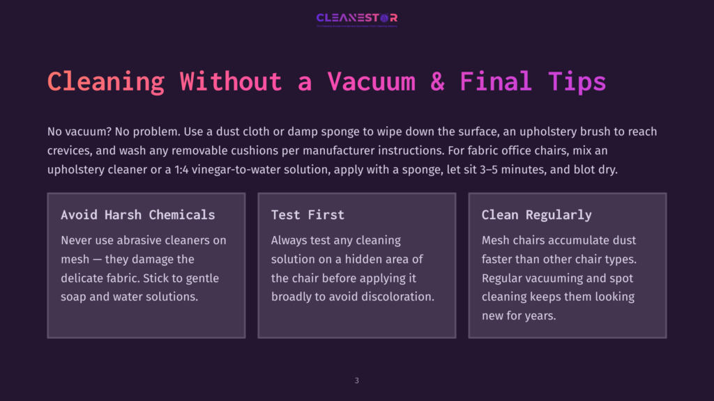 A Dark Purple Slide With The Title &Quot;Cleaning Without A Vacuum &Amp; Final Tips&Quot; And Three Sections: &Quot;Avoid Harsh Chemicals,&Quot; &Quot;Test First,&Quot; And &Quot;Clean Regularly.