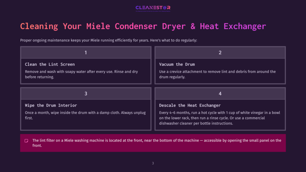 Cleaning Instructions For Miele Condenser Dryer And Heat Exchanger, Including Lint Screen, Drum Interior, And Heat Exchanger Descaling.
