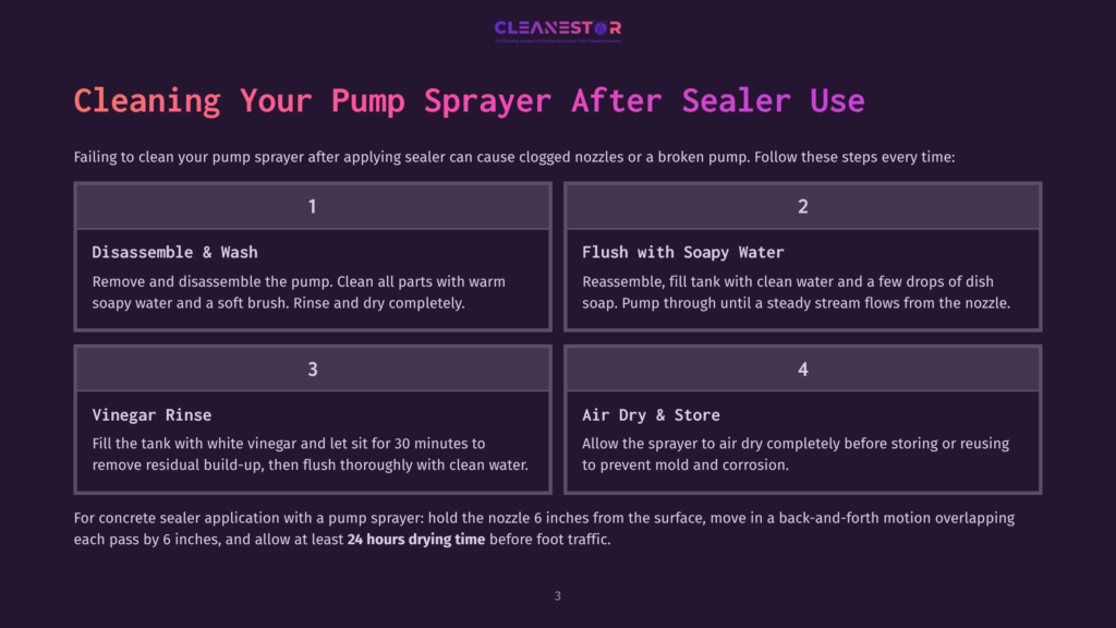 Diagram Showing How To Clean A Pump Sprayer After Applying Sealer. Steps Include Disassemble &Amp; Wash, Flush With Soapy Water, Vinegar Rinse, And Air Dry &Amp; Store.