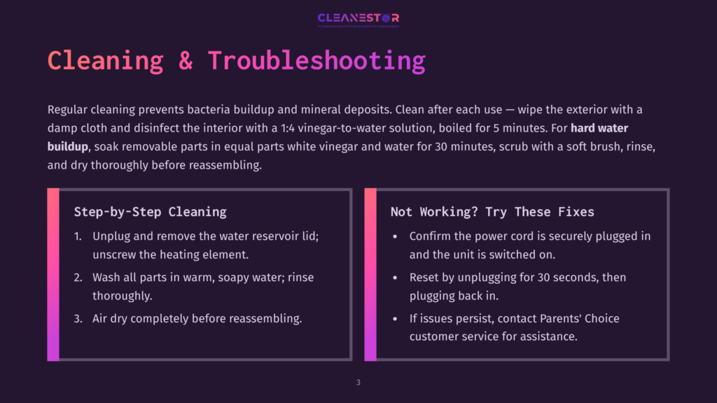 Cleanestor Logo And &Quot;Cleaning &Amp; Troubleshooting&Quot; Text On A Purple Background. Below Are Two Columns: &Quot;Step-By-Step Cleaning&Quot; With Instructions And &Quot;Not Working? Try These Fixes&Quot; With Troubleshooting Tips.