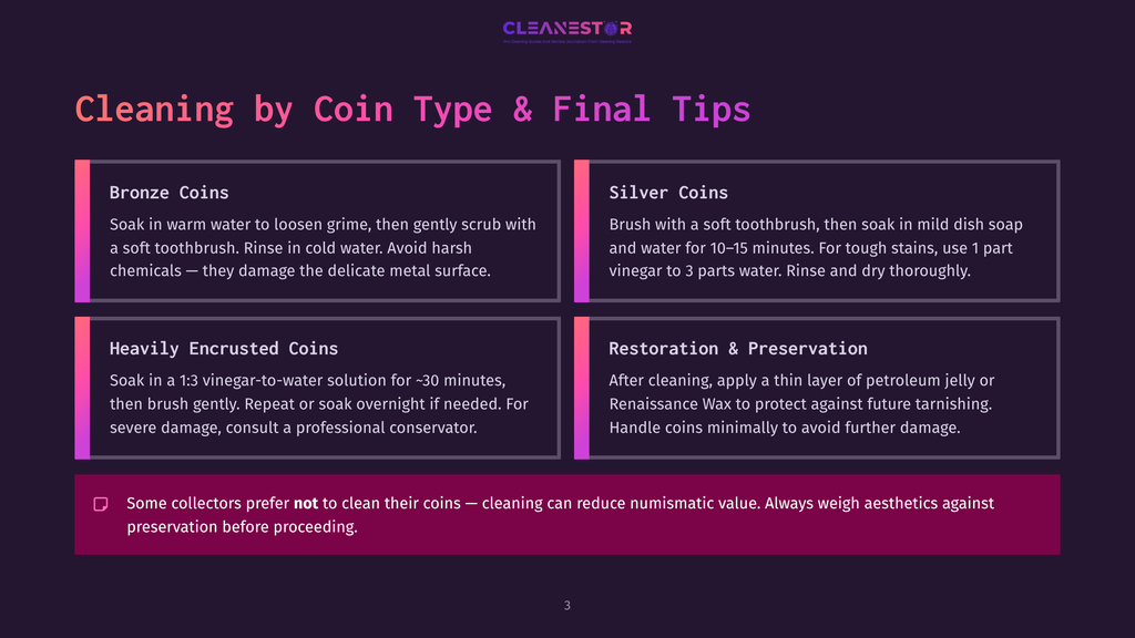 Infographic Titled &Quot;Cleaning By Coin Type &Amp; Final Tips&Quot; With Sections On Bronze Coins, Silver Coins, Heavily Encrusted Coins, And Restoration &Amp; Preservation.