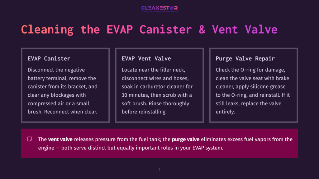 Infographic Detailing The Cleaning Of An Evap Canister And Vent Valve. Includes Steps For Evap Canister Maintenance, Evap Vent Valve Cleaning With Carburetor Cleaner, And Purge Valve Repair With Silicone Grease. The Text &Quot;Cleanestor&Quot; Is Visible At The Top.