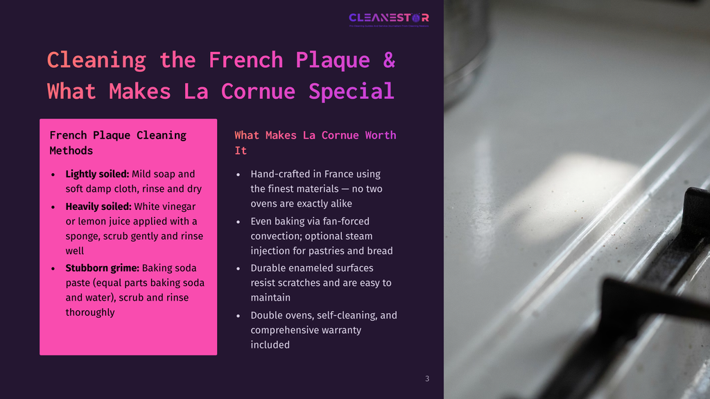 3 Cleaning The French Plaque And What Makes La Cornue Special Close-Up Of A White French Plaque Oven With Text Overlay Detailing Cleaning Methods And Features Of La Cornue Ovens. The Oven Has A Slightly Worn, Textured Surface.