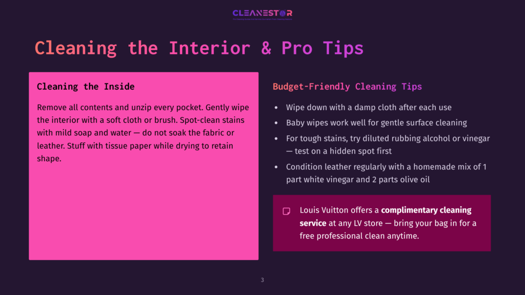 Presentation Slide Titled &Quot;Cleaning The Interior &Amp; Pro Tips&Quot; With Sections On &Quot;Cleaning The Inside&Quot; And &Quot;Budget-Friendly Cleaning Tips,&Quot; Including Advice For Cleaning Leather And Luxury Items.