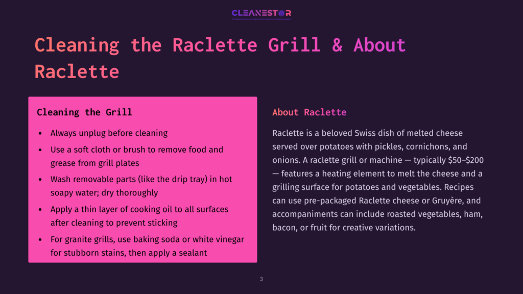 Cleaning The Raclette Grill: A Dark Background With A Pink Box On The Left Detailing Cleaning Steps For A Raclette Grill, And A White Box On The Right Describing The Raclette Grill Itself.