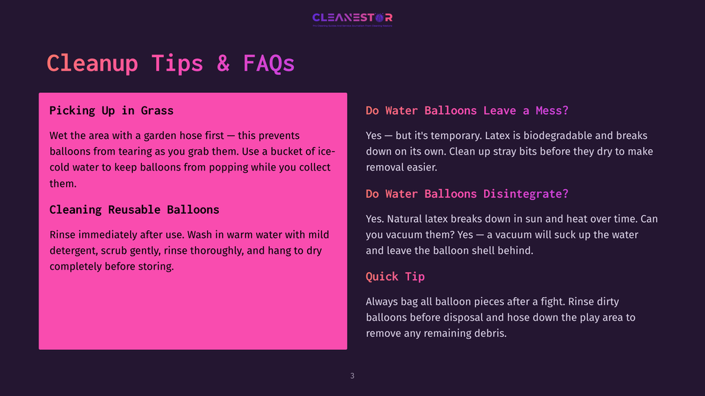 Cleanup Tips &Amp; Faqs: Picking Up In Grass, Cleaning Reusable Balloons, Do Water Balloons Leave A Mess?, Do Water Balloons Disintegrate?, Quick Tip. Pink And Purple Graphic With Text.