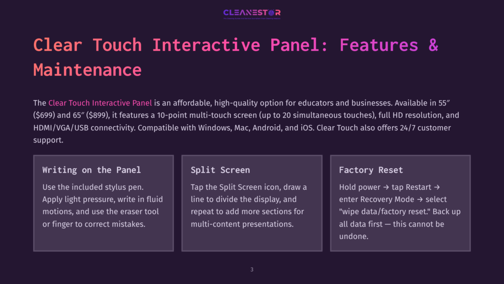 Clean Touch Interactive Panel: Features &Amp; Maintenance. Image Shows Three Panels Detailing Writing, Split Screen, And Factory Reset Functions Of The Interactive Panel.