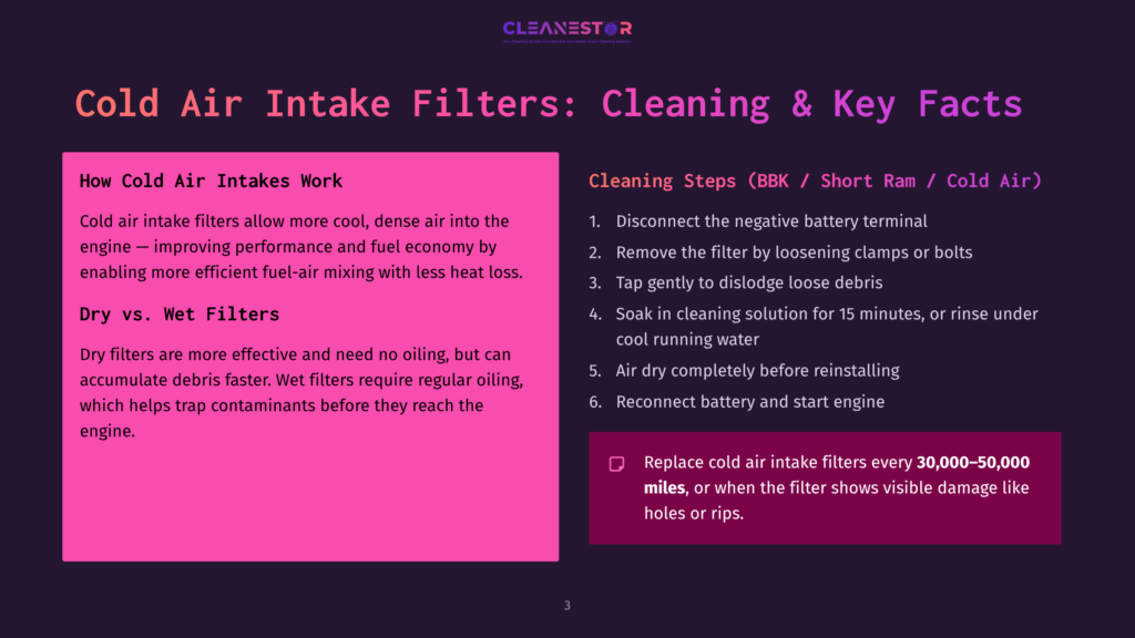 3 Cold Air Intake Filters Cleaning And Key Facts Infographic Detailing How Cold Air Intake Filters Work And Cleaning Steps: &Quot;Cold Air Intake Filters: Cleaning &Amp; Key Facts,&Quot; With Steps Like &Quot;Disconnect The Negative Battery Terminal&Quot; And &Quot;Replace Cold Air Intake Filters Every 30,000–50,000 Miles.