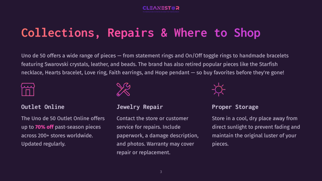 3 Collections Repairs And Where To Shop Graphic With Text: &Quot;Collections, Repairs &Amp; Where To Shop.&Quot; Features Three Icons: Shopping Bag For &Quot;Outlet Online,&Quot; Wrench For &Quot;Jewelry Repair,&Quot; And Sun For &Quot;Proper Storage.