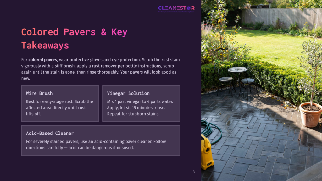Cleanestor'S Guide To Cleaning Colored Pavers: A Wet, Dark Gray Paver Patio With A Green Hose And Yellow Cleaning Tool, Next To A Lush Green Garden With A Small Table And Chairs.