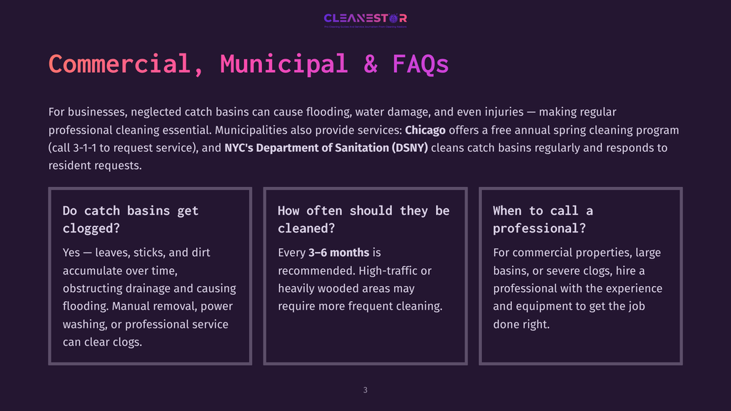3 Commercial Municipal And Faqs Cleanestor Logo At The Top Of A Slide Detailing Commercial, Municipal, And Faqs About Catch Basin Cleaning. The Slide Includes Three Boxes With Questions And Answers About Catch Basins.