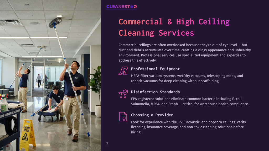 Commercial Cleaning Professionals Use Specialized Equipment To Clean High Ceilings And Commercial Spaces, As Shown In This Interior Office Setting With A Yellow Caution Wet Floor Sign.