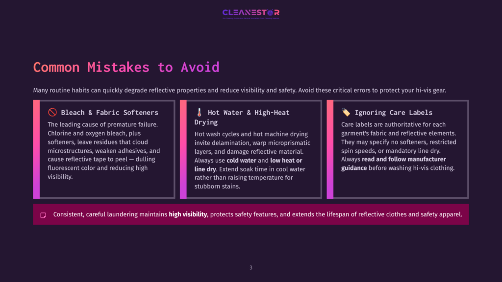 Infographic Detailing Common Mistakes To Avoid For Reflective Clothing Care, Including Bleach/Fabric Softeners, Hot Water/High-Heat Drying, And Ignoring Care Labels. Text Emphasizes Consistent Laundering For High Visibility.