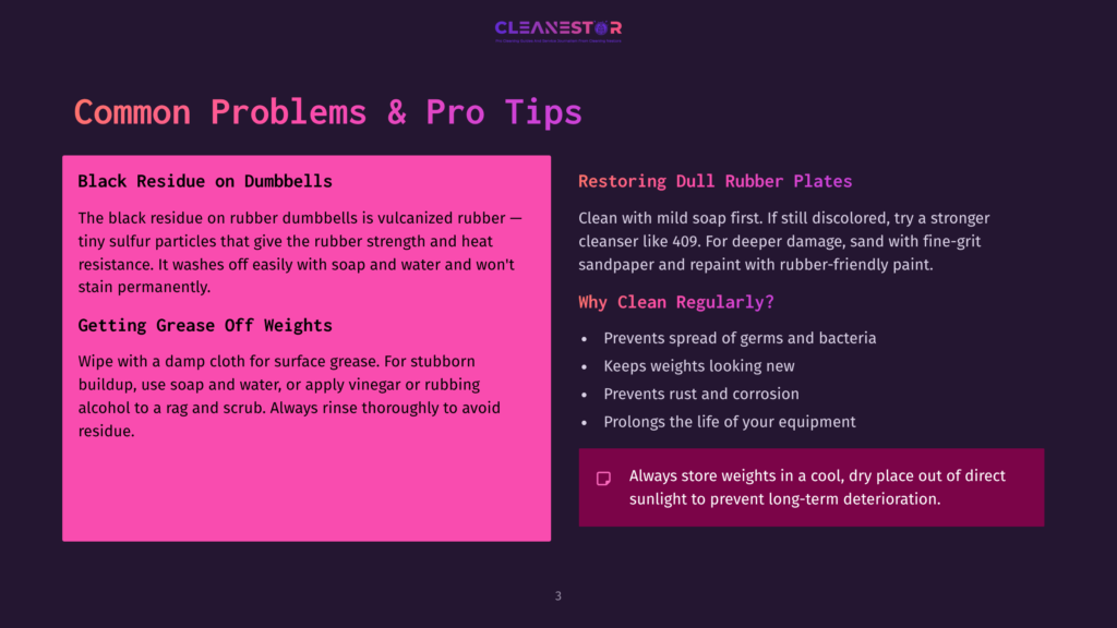 3 Common Problems And Pro Tips Dark Purple Background With A Pink Rectangle On The Left Containing Text About Cleaning Black Residue On Dumbbells And Getting Grease Off Weights. A White Text Box On The Right Discusses Restoring Dull Rubber Plates And Why To Clean Regularly.