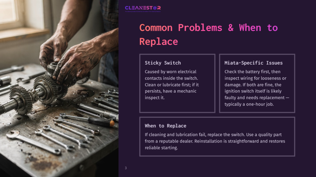 Mechanic'S Hands Covered In Grease Work On Car Gears And Tools On A Workbench, With &Quot;Cleanestor Common Problems &Amp; When To Replace&Quot; Text Visible.