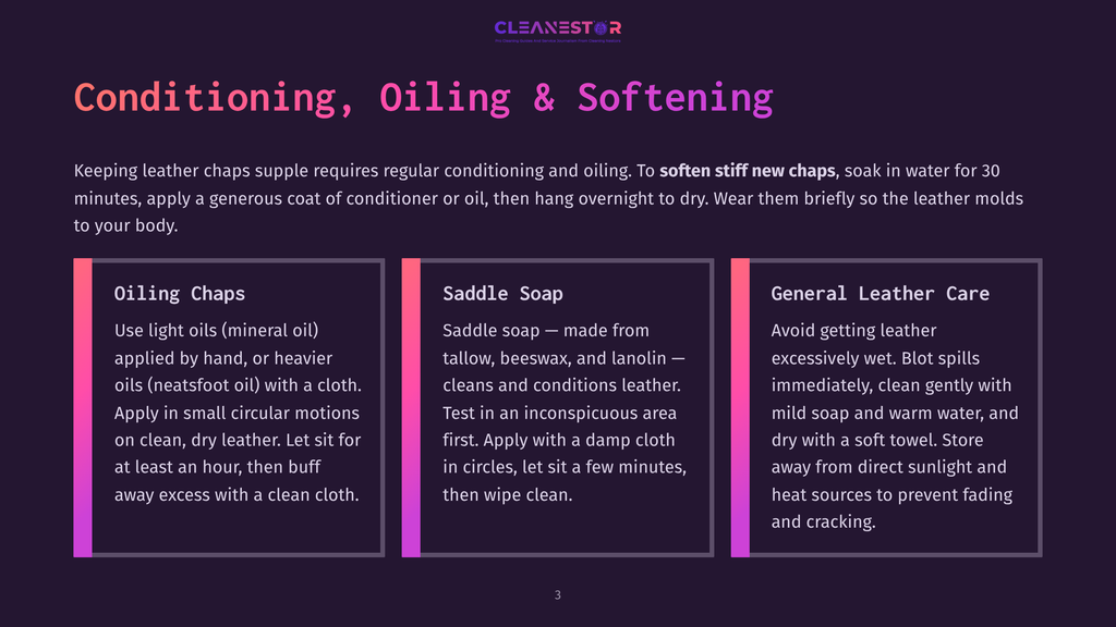 Three Columns Detail Leather Care: &Quot;Oiling Chaps&Quot; With Mineral Oil, &Quot;Saddle Soap&Quot; For Cleaning, And &Quot;General Leather Care&Quot; To Avoid Sun Damage. Text From Cleanestor Logo Visible.